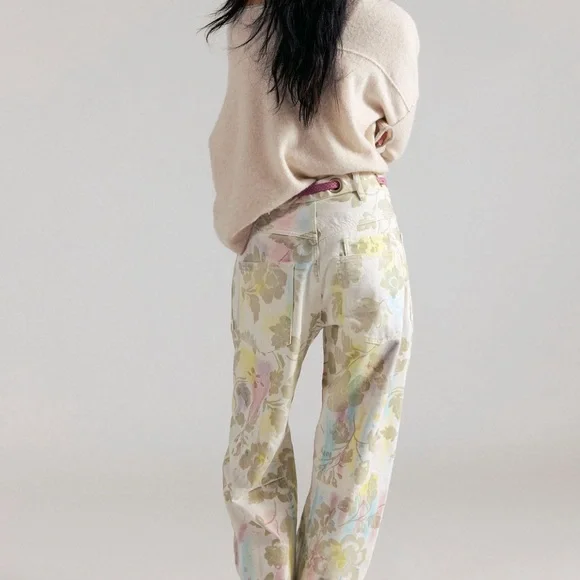 NWT We The Free People Moxie Printed Floral Flocked Barrel Jeans Size 27 w/ Belt - Picture 4 of 13